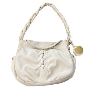 B. Markowski Leather Braided Strap Shoulder Bag With Gold Accents Off White